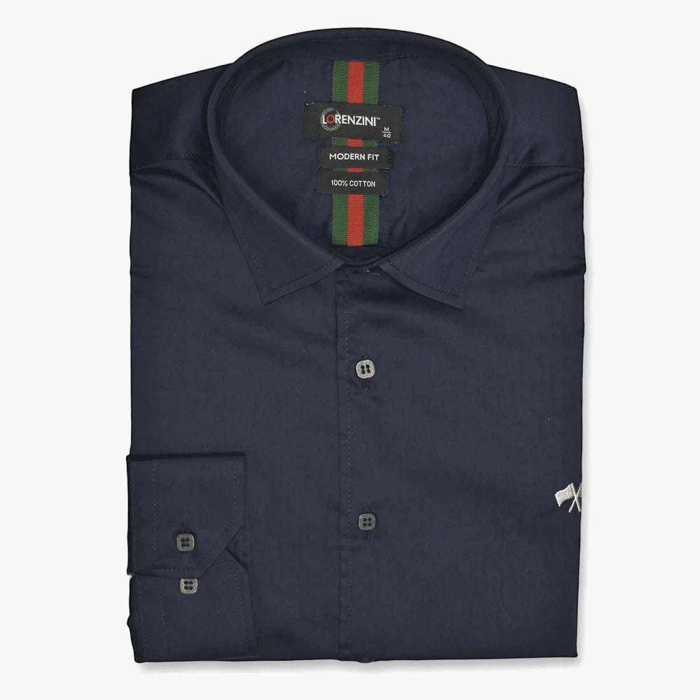 Folded Lorenzini Modern Classic Slim Fit long sleeve shirt in navy blue, made from 100% cotton, displayed on a light