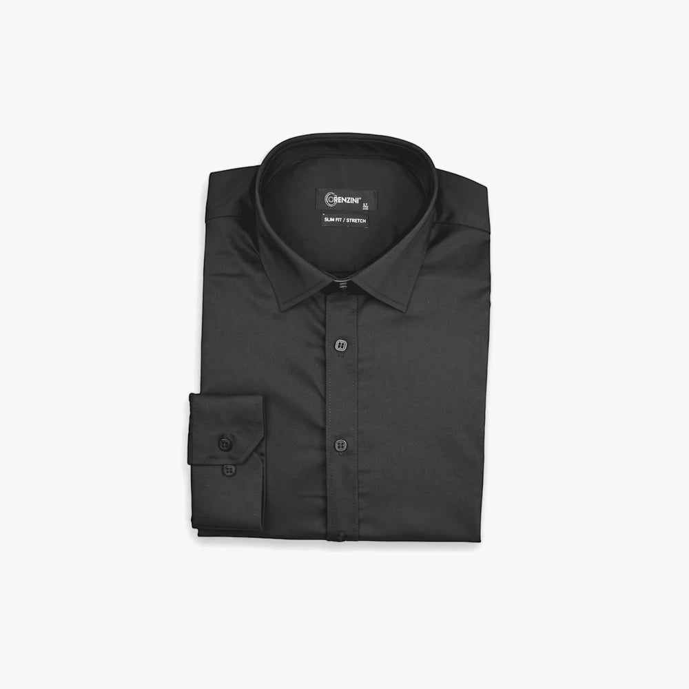 Folded Lorenzini Modern Slim Fit Long Sleeve Shirt for men in black, showcasing the collar, buttons, and cuff details.
