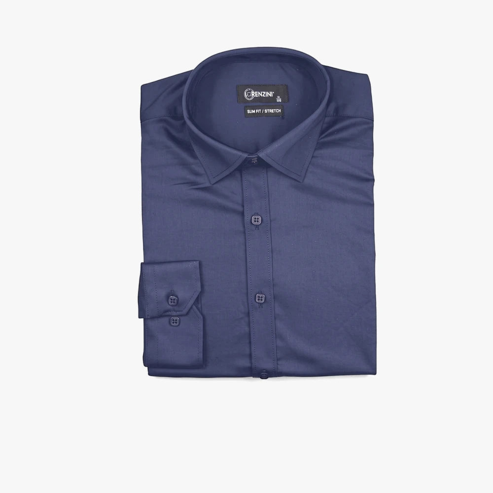 Lorenzini Modern Slim Fit Long Sleeve Shirt in navy, neatly folded against a clean background, showcasing its fabric and