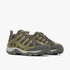 Merrell Mens Accentor 4 Loden sneakers, an olive green and dark grey trail shoe with rugged outsoles, angled view.