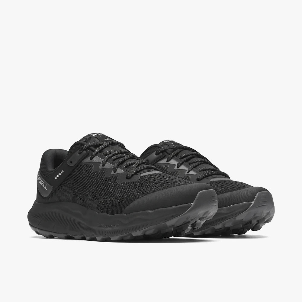 A pair of Merrell Womens Antora 4 Sneaker Black Alloy running shoes, featuring mesh uppers and durable soles, displayed at