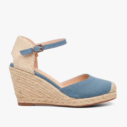Miss Black Womens Jojo 12 blue denim espadrille wedge sandal with an ankle strap, viewed from the side.