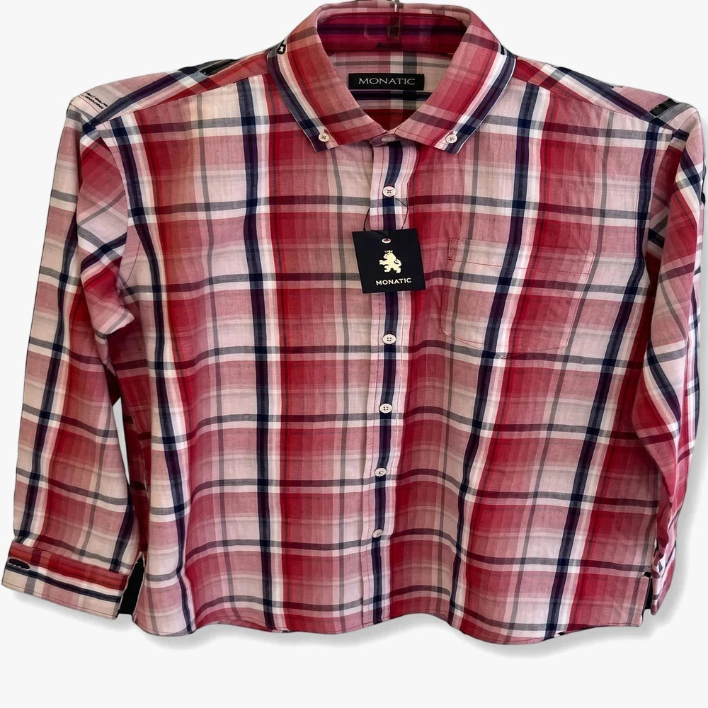 Monatic Mens Washington Long Sleeve Check Shirt Red Navy | Carducci
