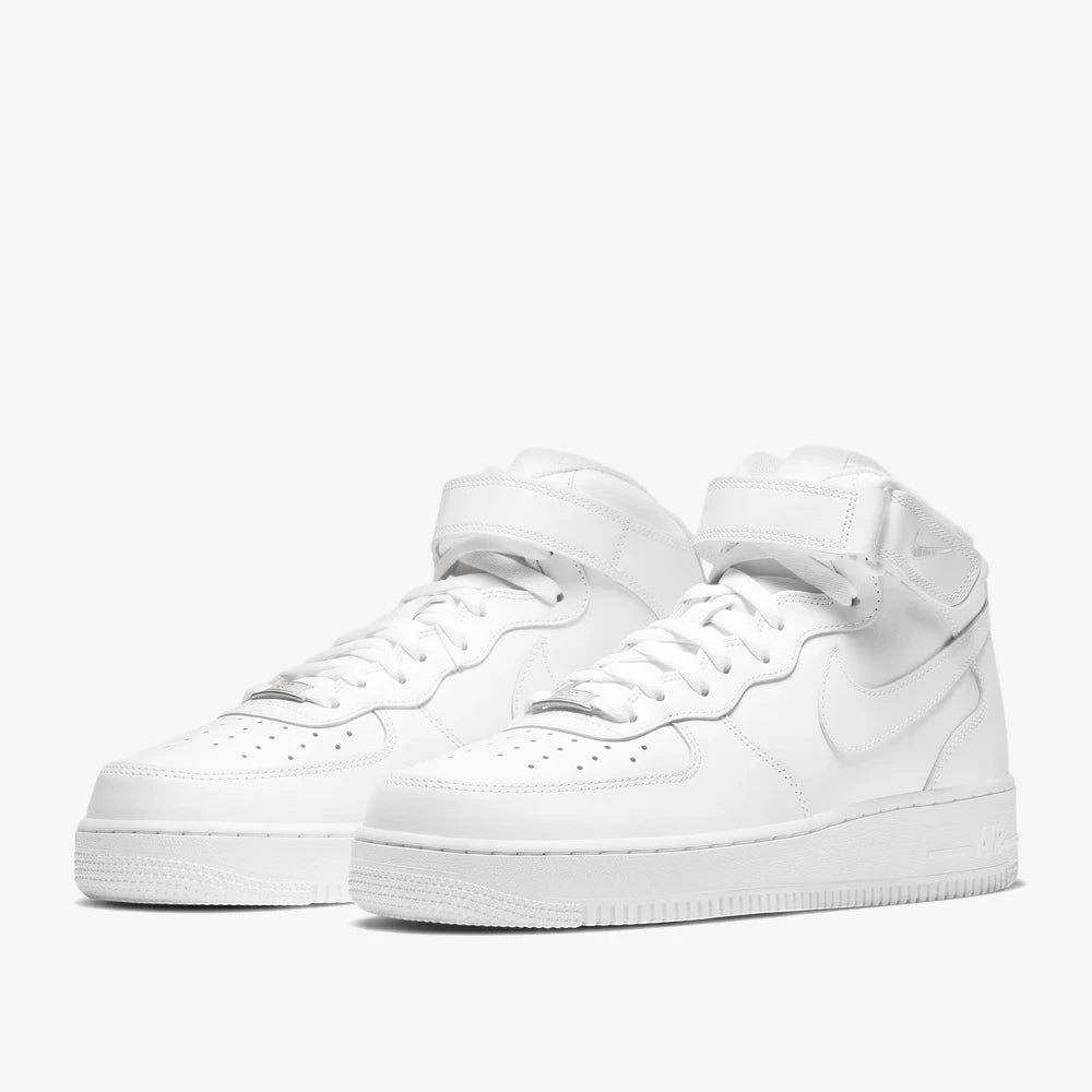 Pair of white Nike Air Force 1 Mid 07 high-top leather sneakers, viewed from a slightly angled side perspective.