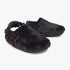 Black Nike Calm Mule Se Sandals with a furry texture and adjustable strap, presented from an elevated side view.
