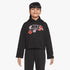Girl wearing a black Nike Girls Floral French Hoody with a white, orange, and pink floral logo and black track pants.