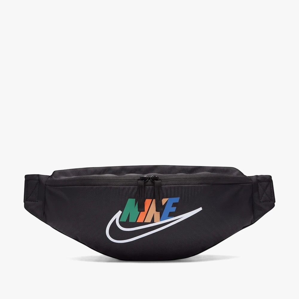Black Nike Heritage waistbag featuring a vibrant multicolored Nike logo and dual zippers, shown from a front view.