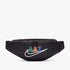 Black Nike Heritage waistbag featuring a vibrant multicolored Nike logo and dual zippers, shown from a front view.
