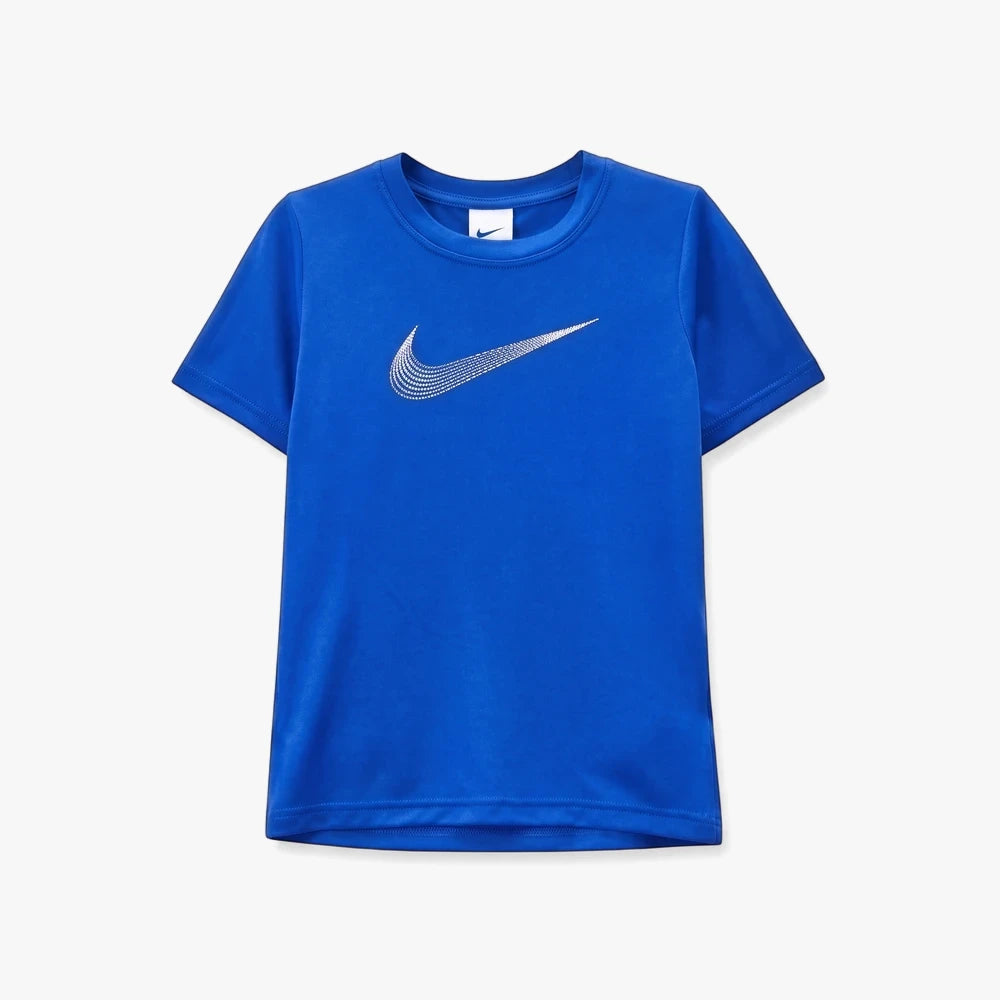 Royal blue Nike Kids Dri Fit short sleeve tee with a silver textured swoosh logo on the chest, displayed flat.