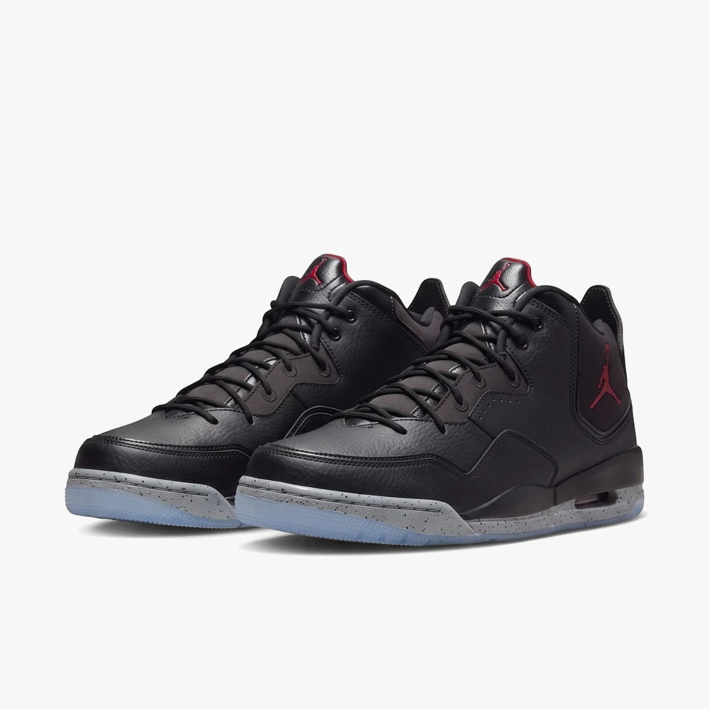 Nike Mens Jordan Courtside 23 sneakers in black and gym red, with speckled gray midsole and translucent icy blue outsole.