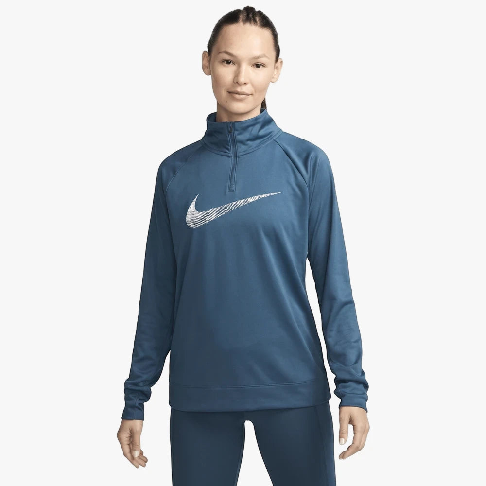 Nike Womens Df Swoosh Run Midlayer 1/4 Zip Sweater in valor blue, featuring a prominent silver swoosh logo on the chest.