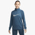 Nike Womens Df Swoosh Run Midlayer 1/4 Zip Sweater in valor blue, featuring a prominent silver swoosh logo on the chest.