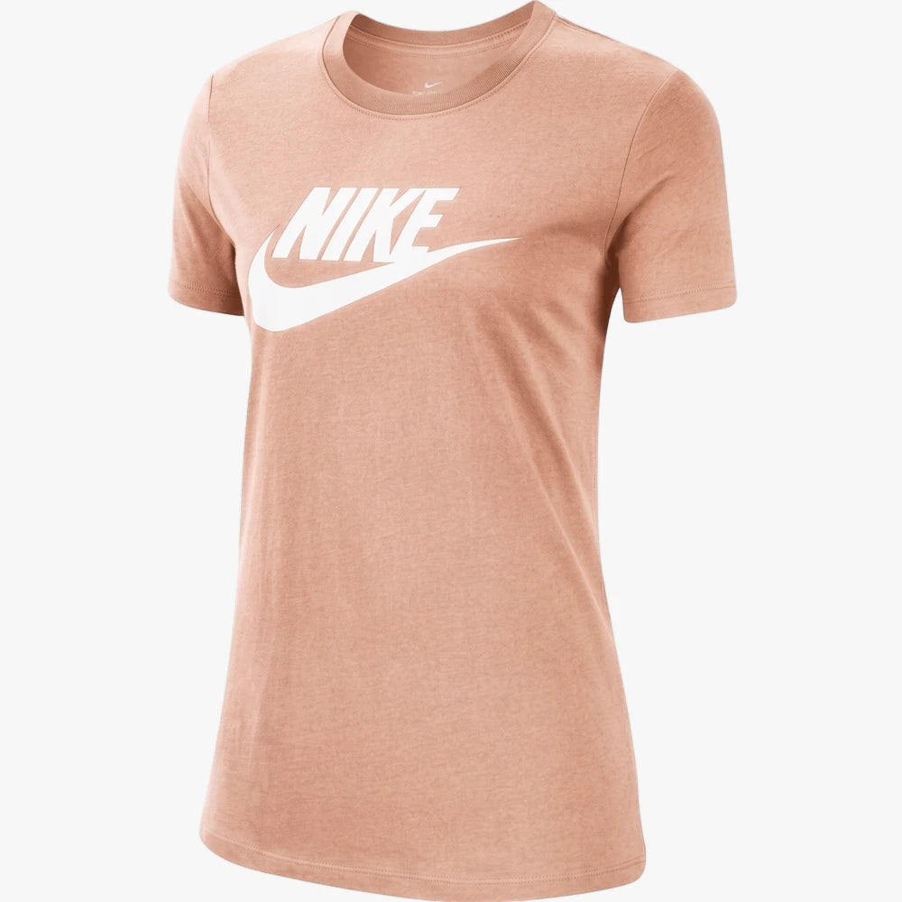 Light pink heathered Nike Womens Short Sleeve Tee with a white Nike logo and swoosh, presented on a mannequin.