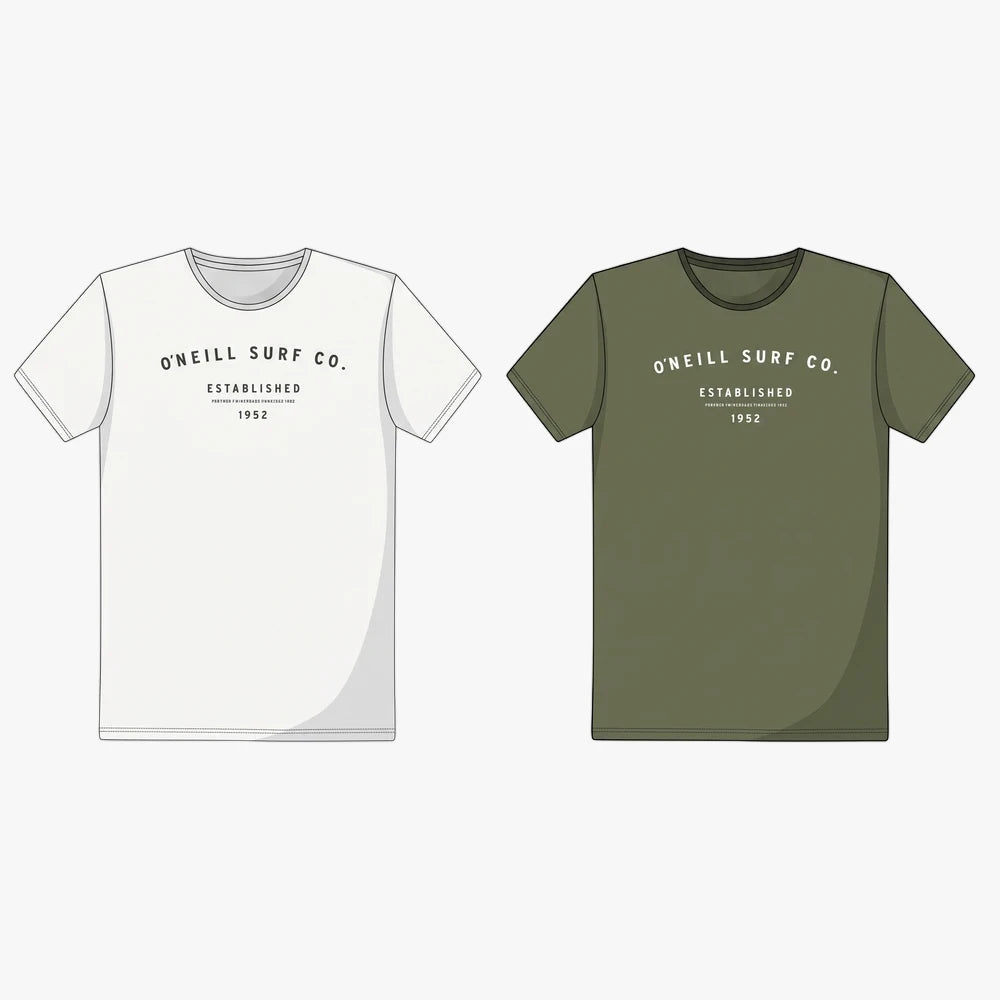 Two Oneill Boys Varsity Short Sleeve Tee variations, one white and one fatigue green, both with a chest graphic print.