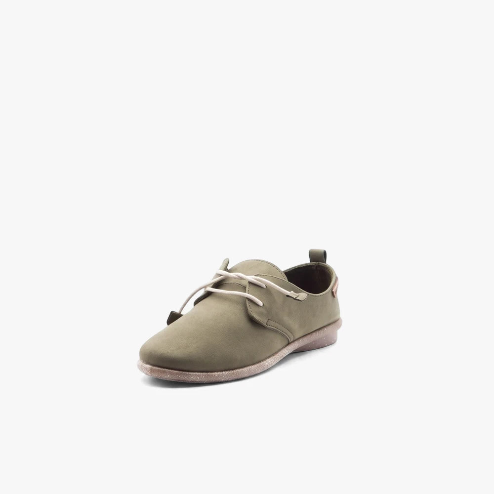 Olive Pierre Cardin Ladies Riviera shoe, crafted from textured material with white laces, displayed in a three-quarter view.