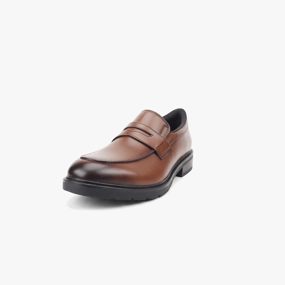 Pierre Cardin Mens Eezy Fit slip-on loafer shoe in tan brown leather with a black sole, shown from a slightly elevated angle.