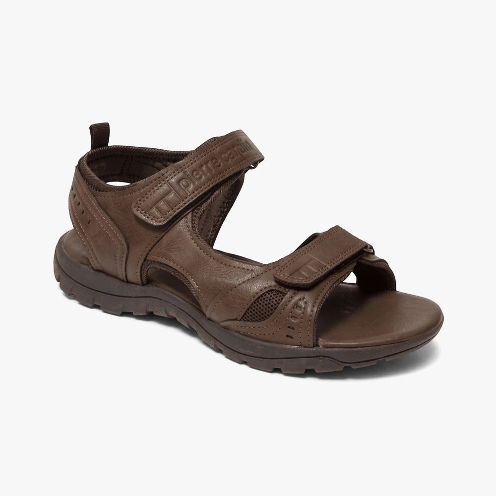 Pierre Cardin Mens Jason Sandal brown leather sandal with adjustable straps, open toe design for everyday comfort and