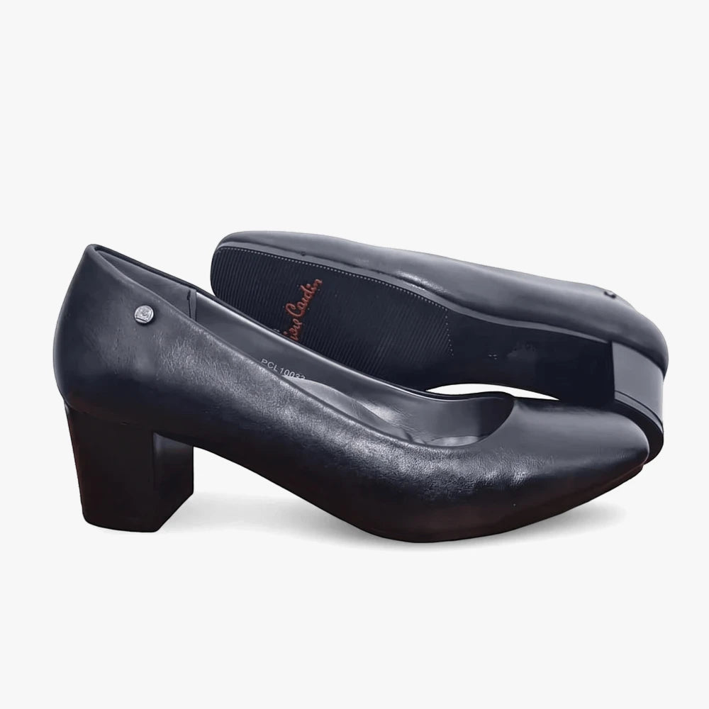 Pair of black Pierre Cardin Womens Alize 1 leather block heel pumps with pointed toes, one upright and one on its side.