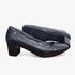 Pair of black Pierre Cardin Womens Alize 1 leather block heel pumps with pointed toes, one upright and one on its side.