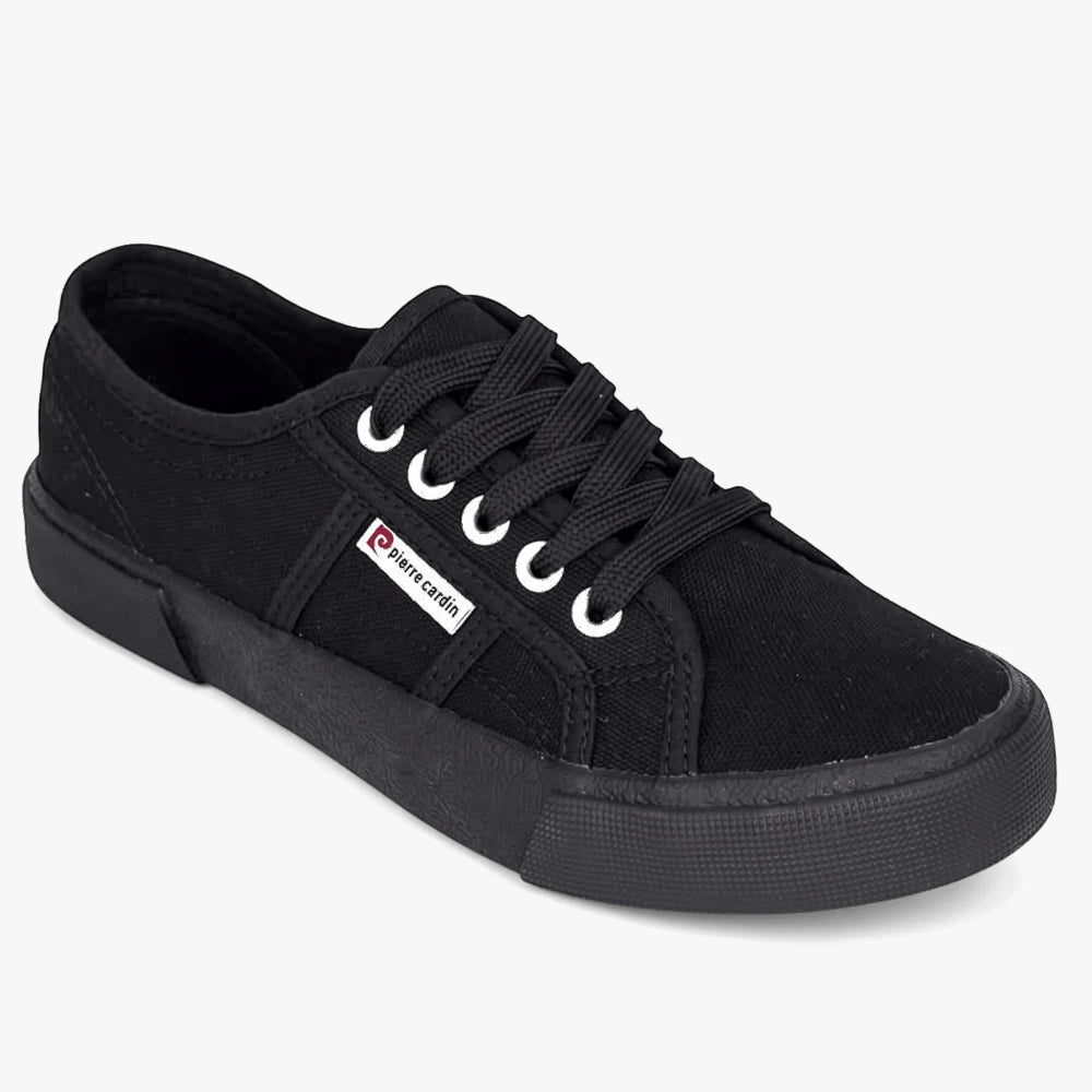 Pierre Cardin Womens Calais Sneaker in black mono, featuring black canvas, laces, and sole with white eyelets, viewed from