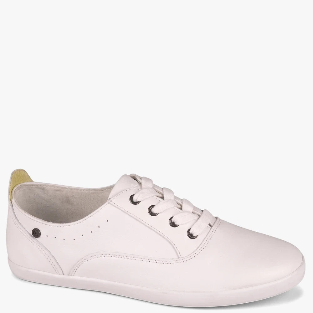 White Pierre Cardin Womens Cezanne 1 sneaker with white laces and black eyelets, shown in a side profile view.