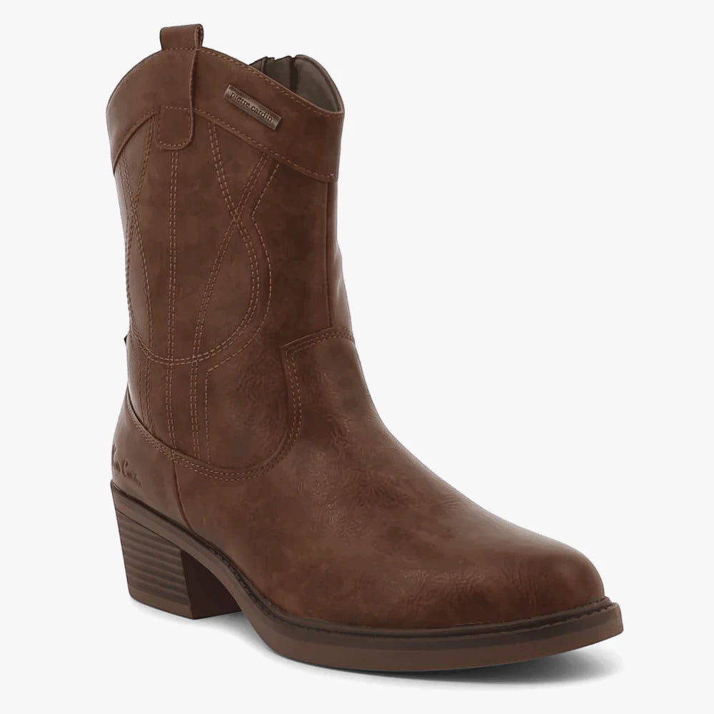 Pierre Cardin Womens Dallas brown faux leather mid-calf cowboy boots with a block heel and decorative stitching.