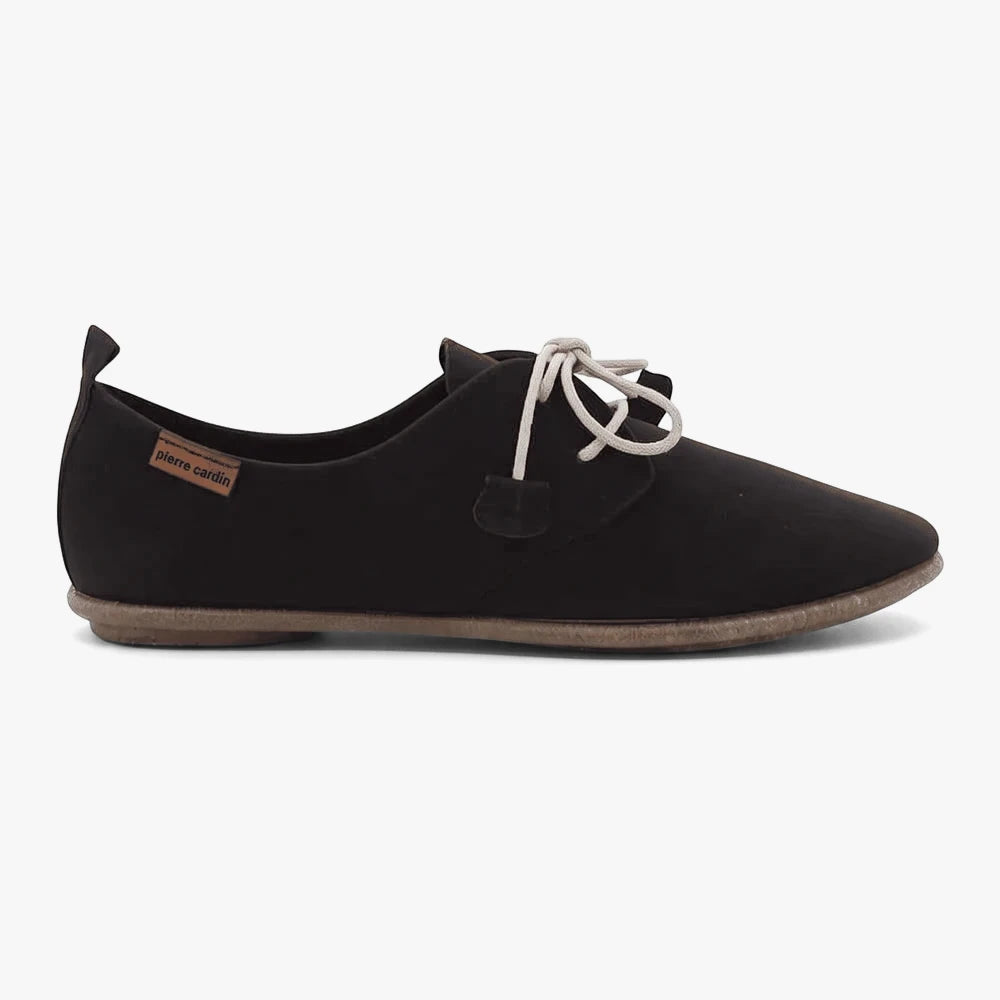 Pierre Cardin Womens Riviera Lace Up Shoe in black mono, featuring white laces and a flat sole.