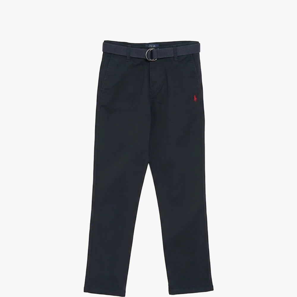 Polo Boys Adrian Belted Chino Pants in navy blue with a D-ring belt, hanging straight.
