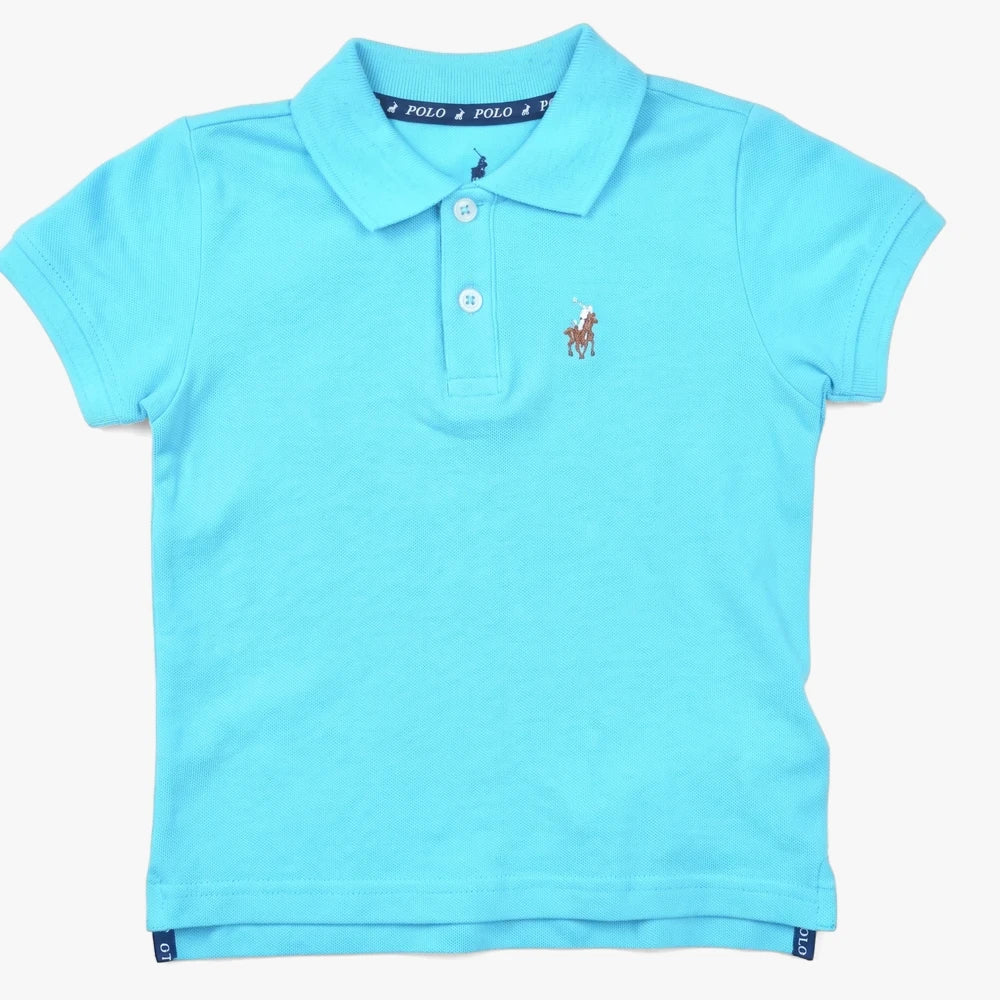 Light blue Polo Boys Austin short sleeve golfer shirt, made from pique knit fabric, displayed flat.