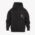 Black Polo Boys Clayton hooded sweater, long-sleeved, featuring a drawstring hood and a rectangular chest pocket with zipper.