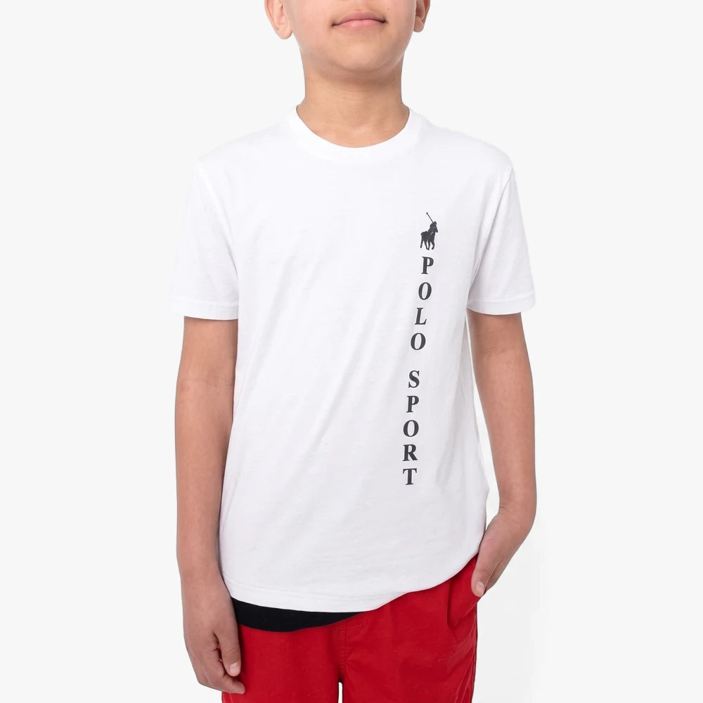Polo Boys Dave Printed Tee in white, featuring a short-sleeved design and vertical Polo Sport logo worn by a young boy.