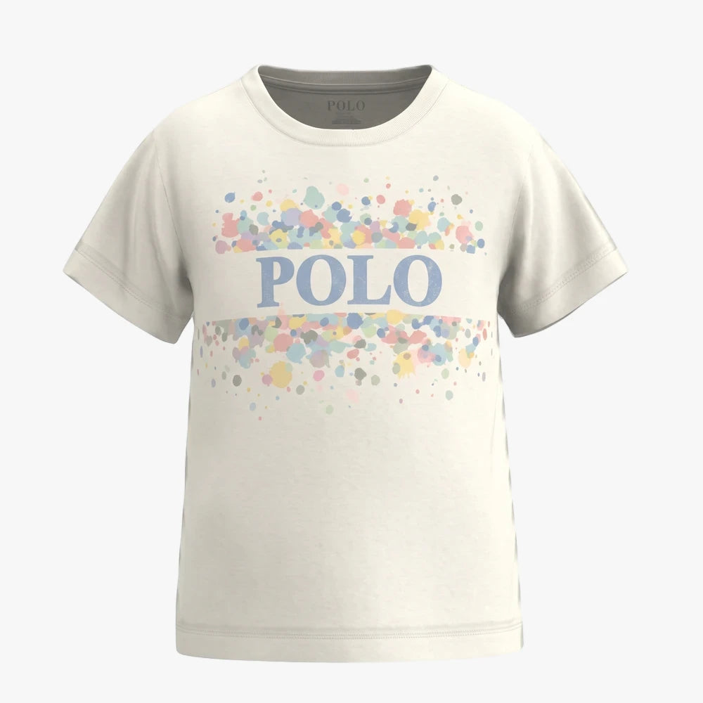 Polo Girls Britney Printed Short Sleeve Tee in off-white with a blue Polo logo and multicolor confetti print.