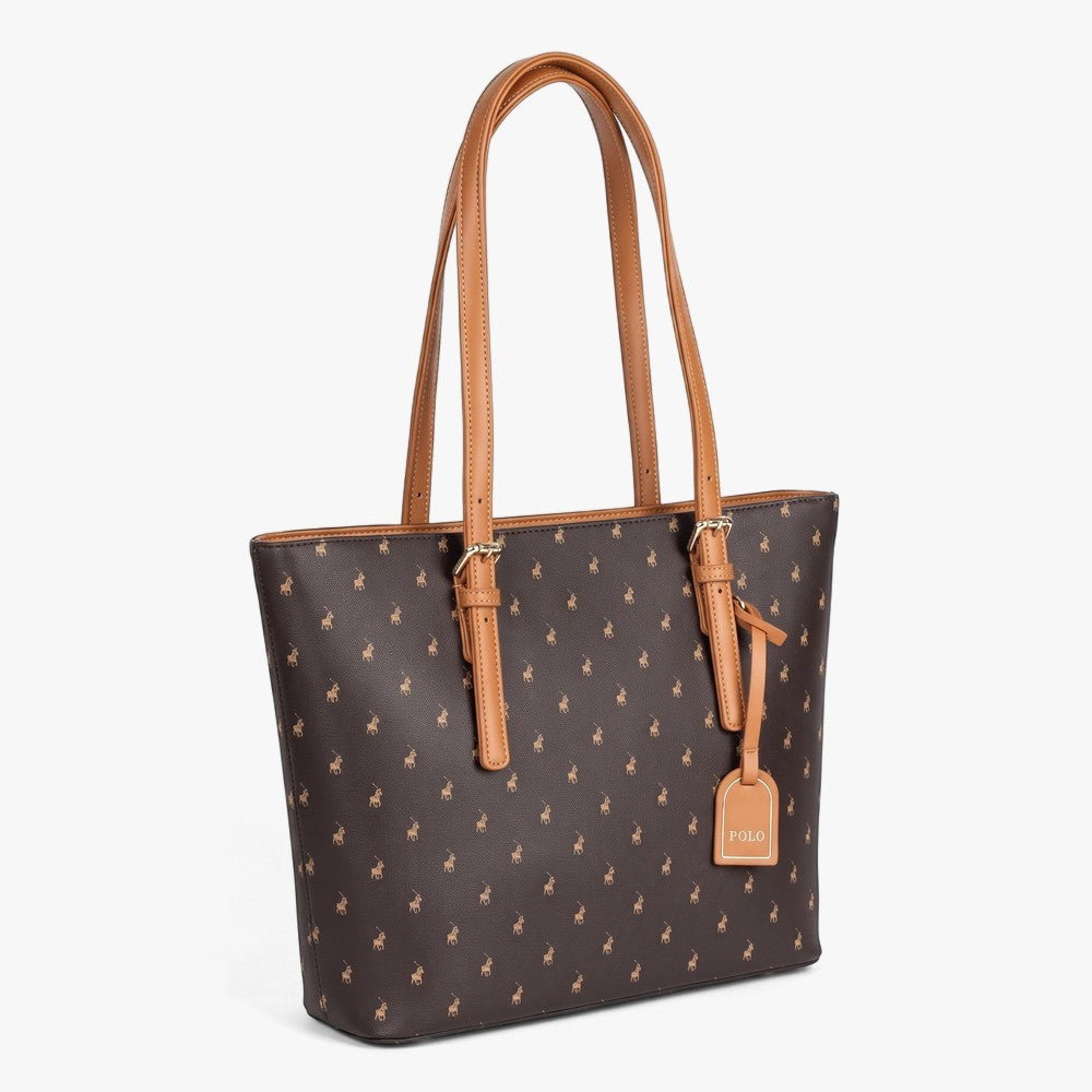 Polo Iconic Medium Tote Bag in brown with all-over monogram pattern and tan leather top handles, shown from a front-angle