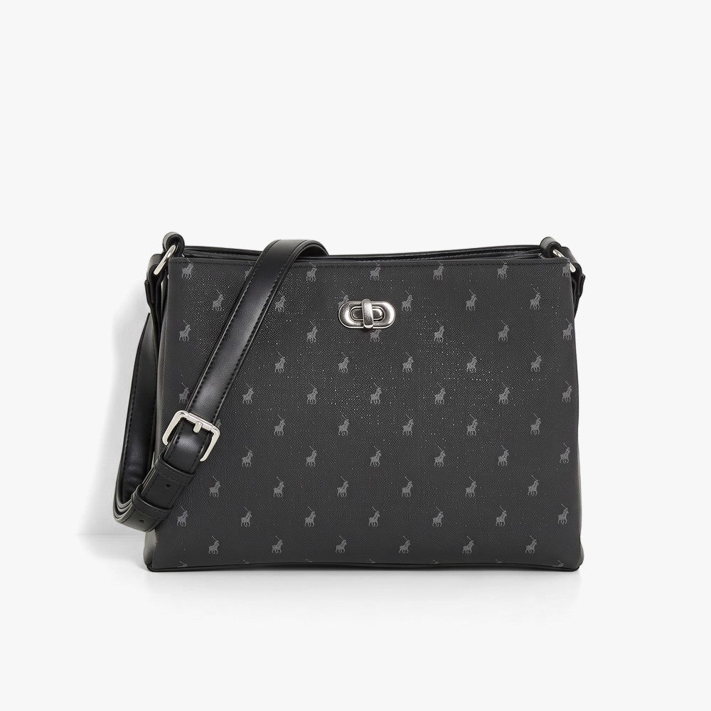 Polo Iconic Multi Tote Compartment Sling in black faux leather with a subtle pattern, silver hardware, and adjustable