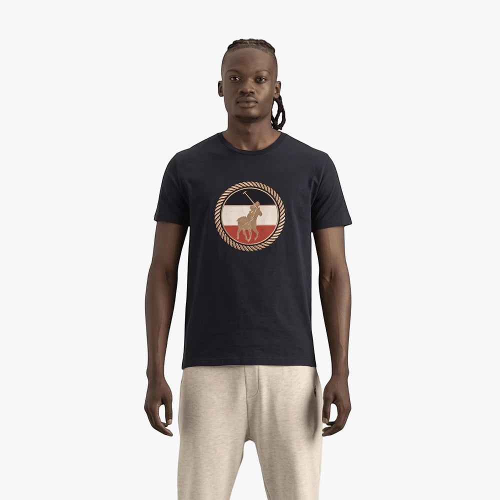 Polo Mens Crest Short Sleeve Tee in navy worn by a model, featuring a circular logo with a polo player and striped design.