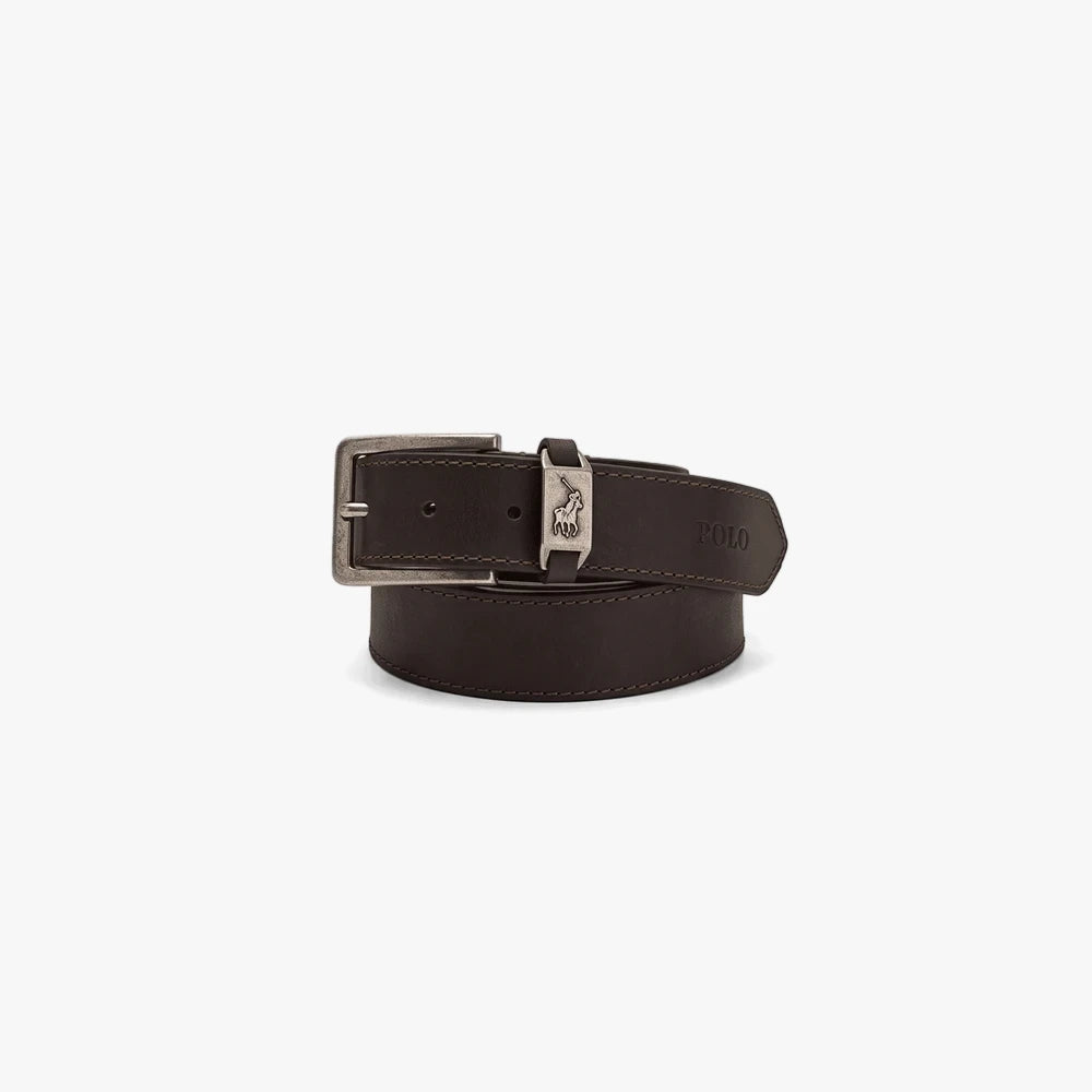 Polo Mens Jayden Belt in dark brown leather with a silver-toned buckle and embroidered logo details.
