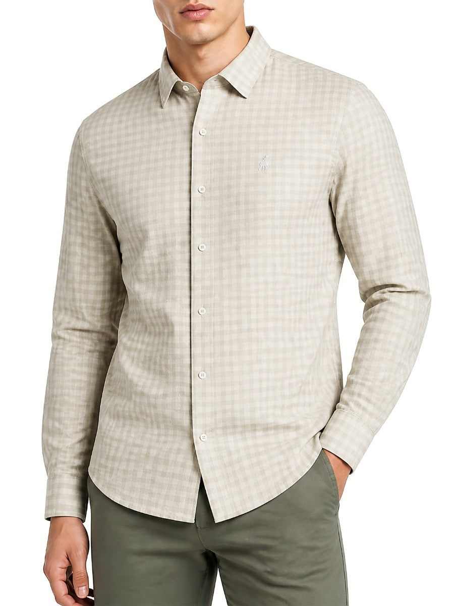 Polo Mens Long Sleeve Gingham Shirt Stone