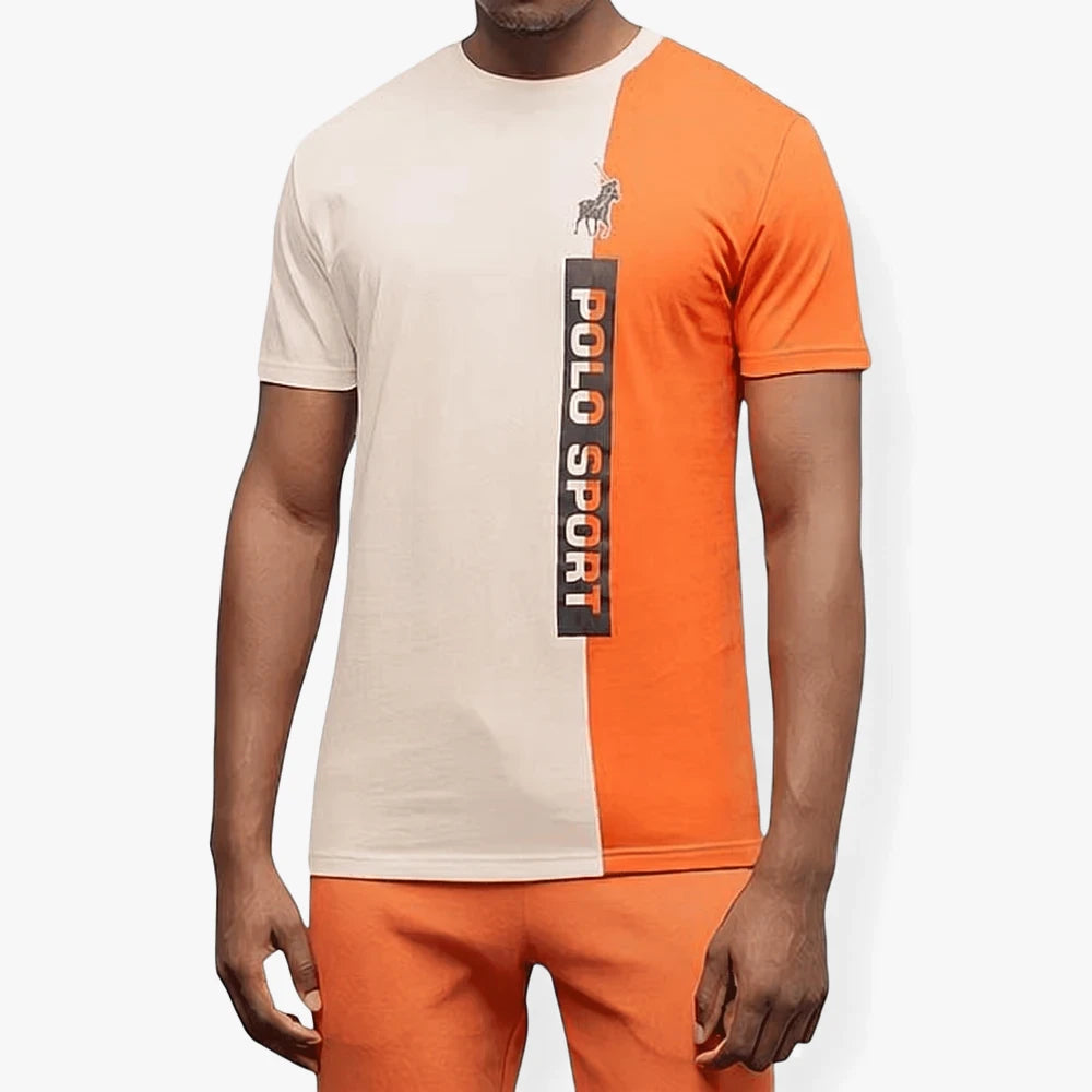 Polo Mens Sport Cut &amp; Sew Short Sleeve Tee in a distinctive ecru and orange color-block design, featuring a prominent &