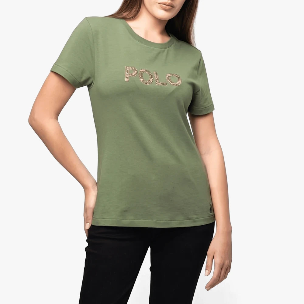 A woman models an olive green Polo Women&