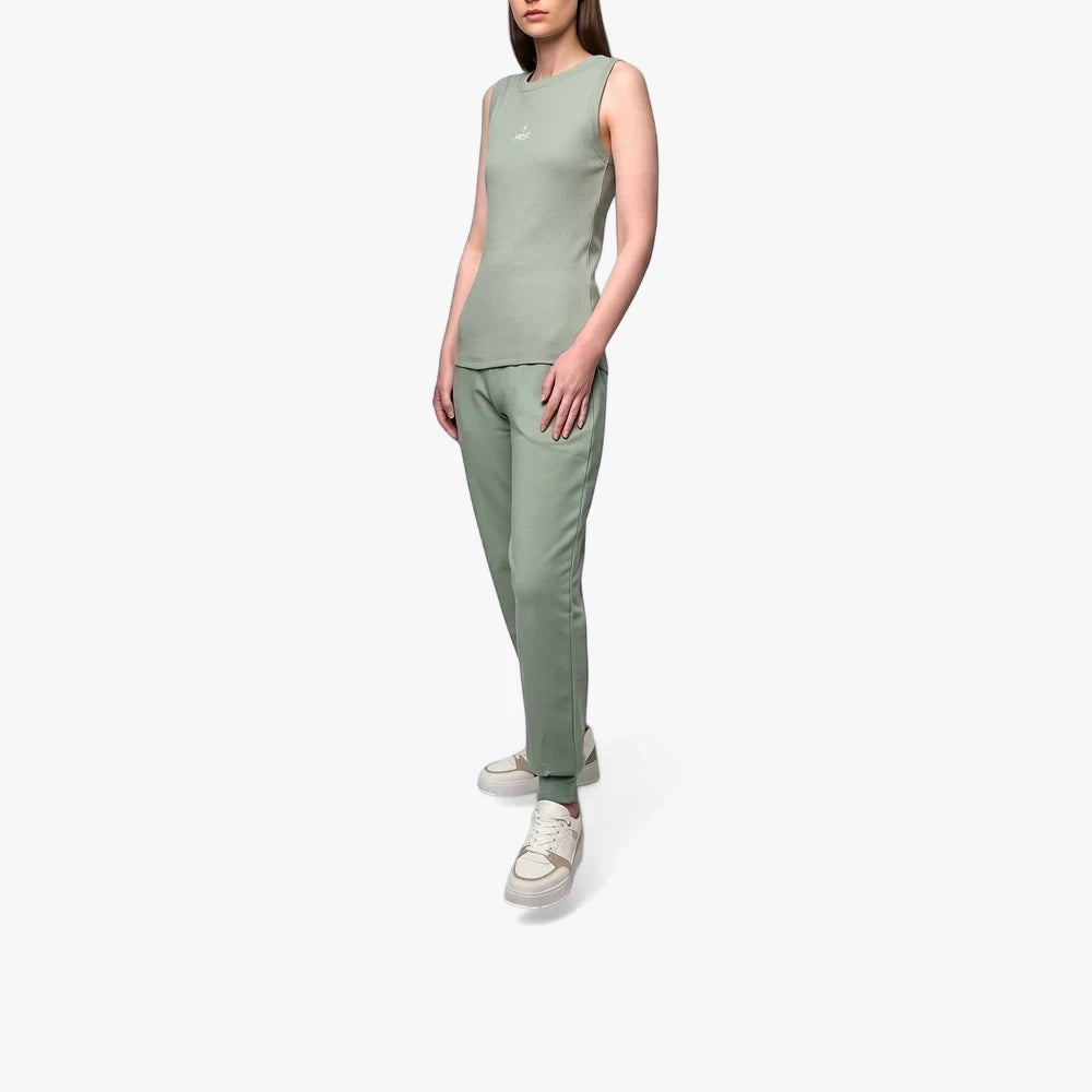Polo Womens Thandiwe Tank Top in sage green paired with matching track pants and white sneakers, front view.