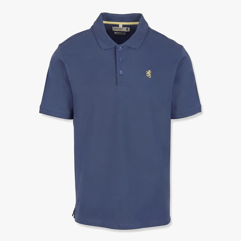 Pringle Mens Adam Pique Golfer in cobalt blue, front view, featuring a classic collar and embroidered logo.