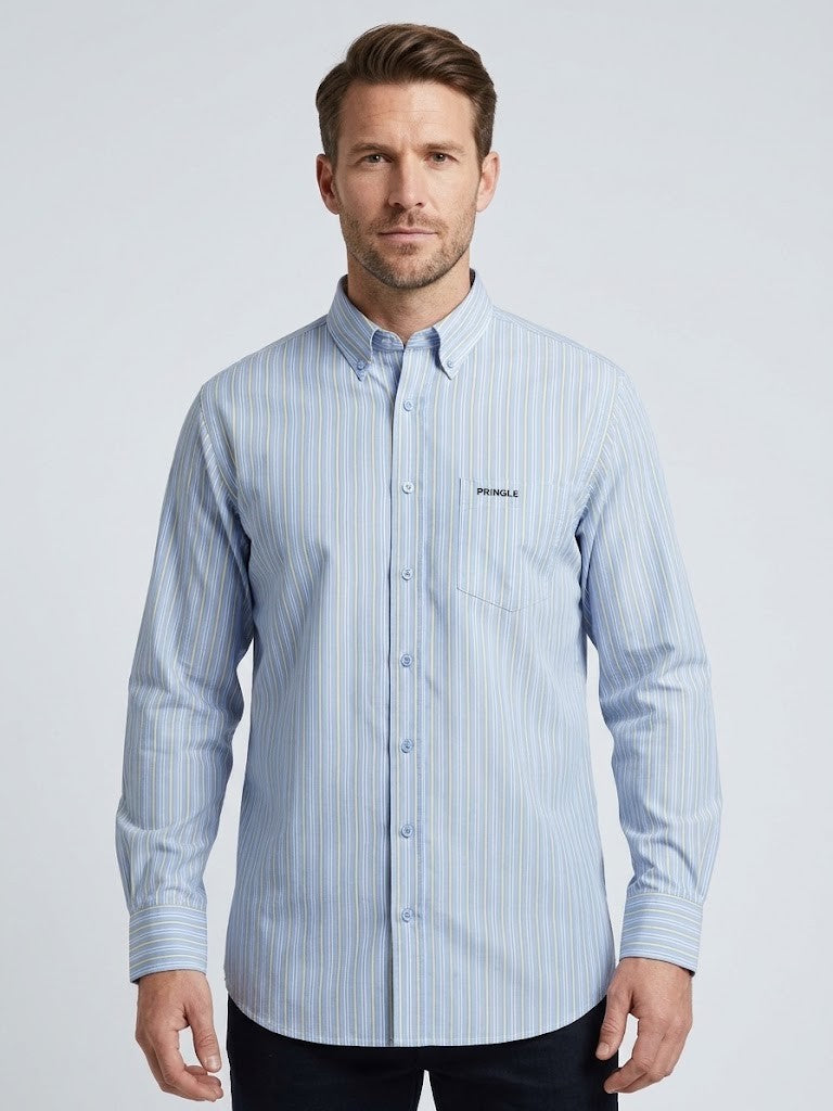 Pringle Mens Dave Long Sleeve Stripe Classic Shirt Blue