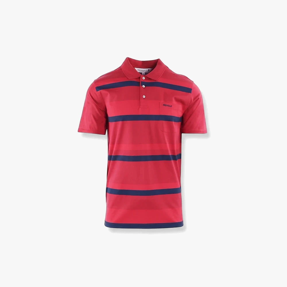 Front view of a Pringle Mens Duncan short sleeve golfer polo shirt in red with navy blue horizontal stripes and a chest