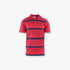 Front view of a Pringle Mens Duncan short sleeve golfer polo shirt in red with navy blue horizontal stripes and a chest