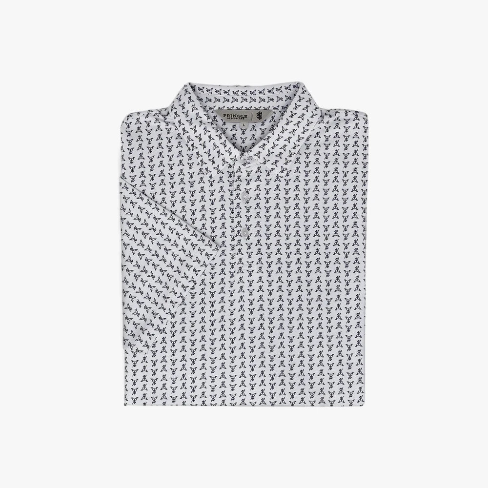 White Pringle Mens George printed technical short sleeve golfer polo shirt, neatly folded and presented.