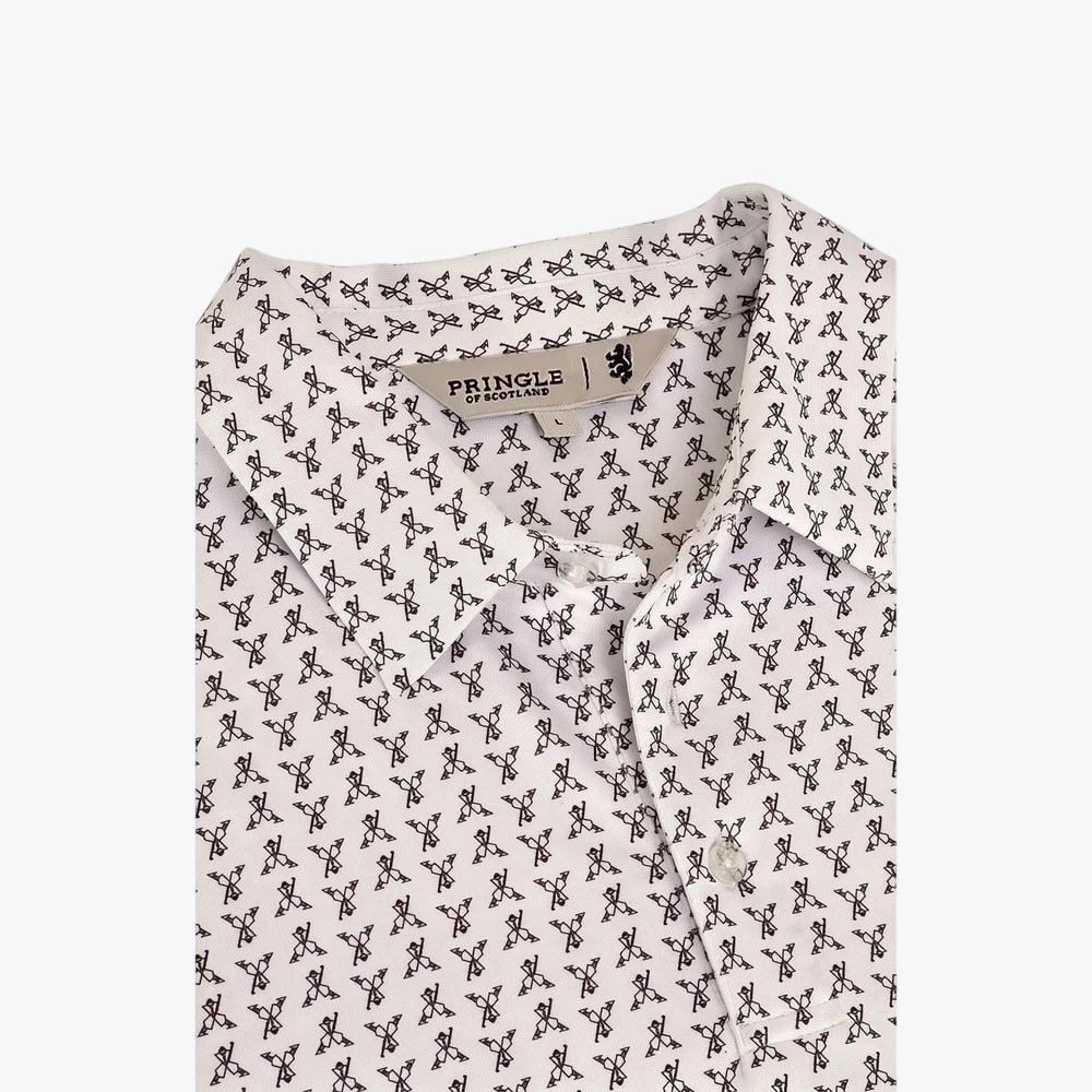 Folded Pringle Mens George printed technical short sleeve golfer shirt in white with a black pattern, showcasing the collar