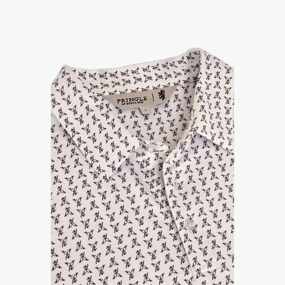Folded Pringle Mens George printed technical short sleeve golfer shirt in white with a black pattern, showcasing the collar