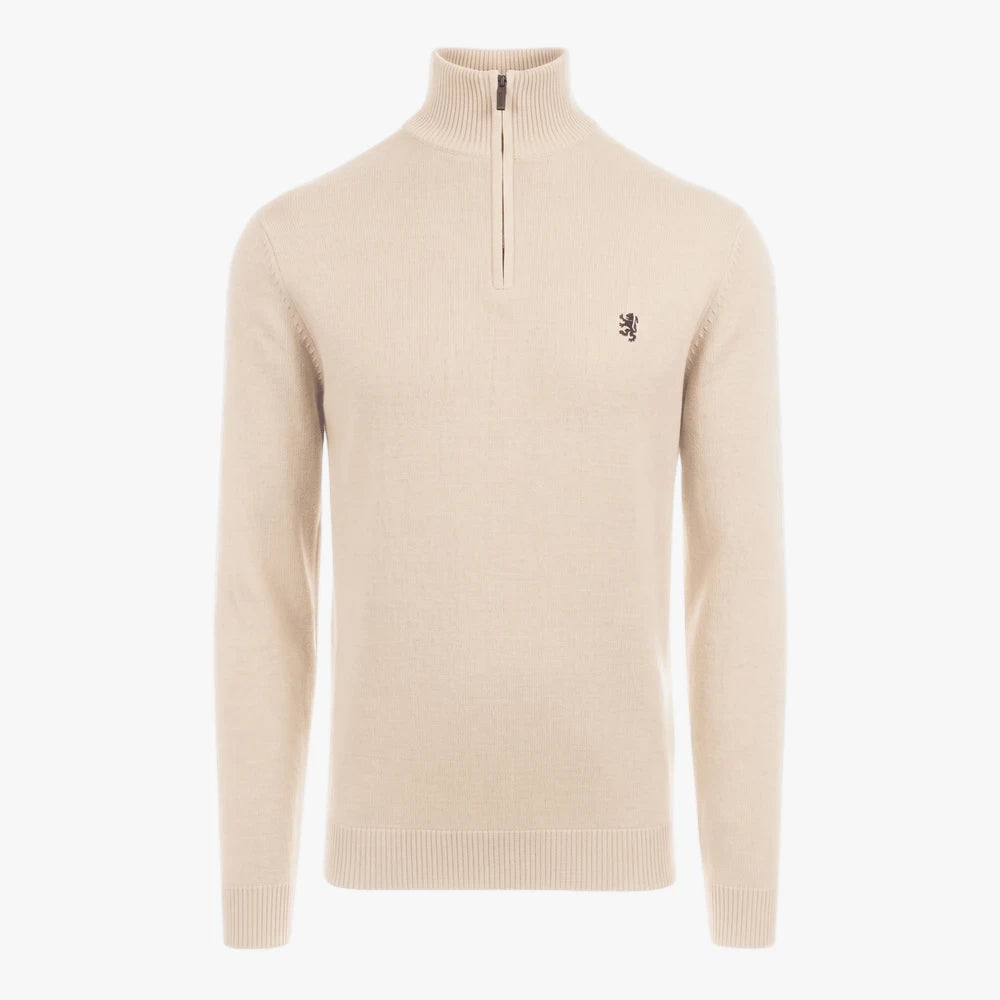Pringle Mens Harry 1/4 Zip Sweater in beige, featuring a mock neck and discreet lion logo on the chest.
