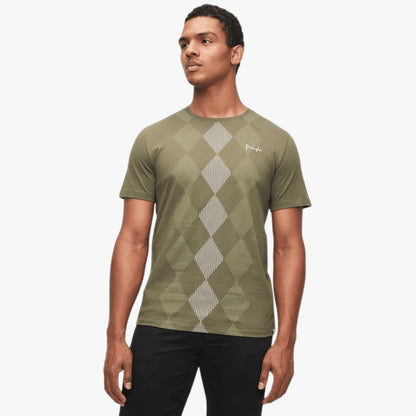 Pringle Mens Hugo All Over Argyle Short Sleeve Tee in fatigue green, featuring a distinct argyle pattern, modeled by a man.