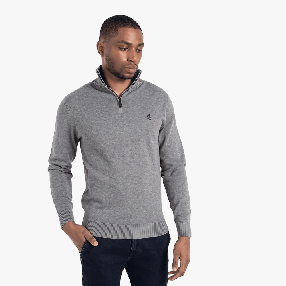Pringle Mens Knitwear 1/4 Zip Sweater in grey, worn by a model with hand in pocket.